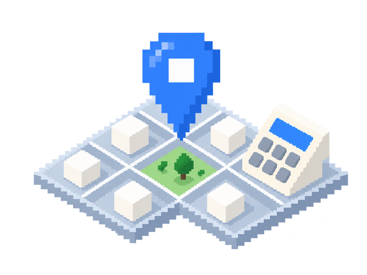 A map pin, neighborhood boundaries, and calculator locate the address and calculate its tax rate